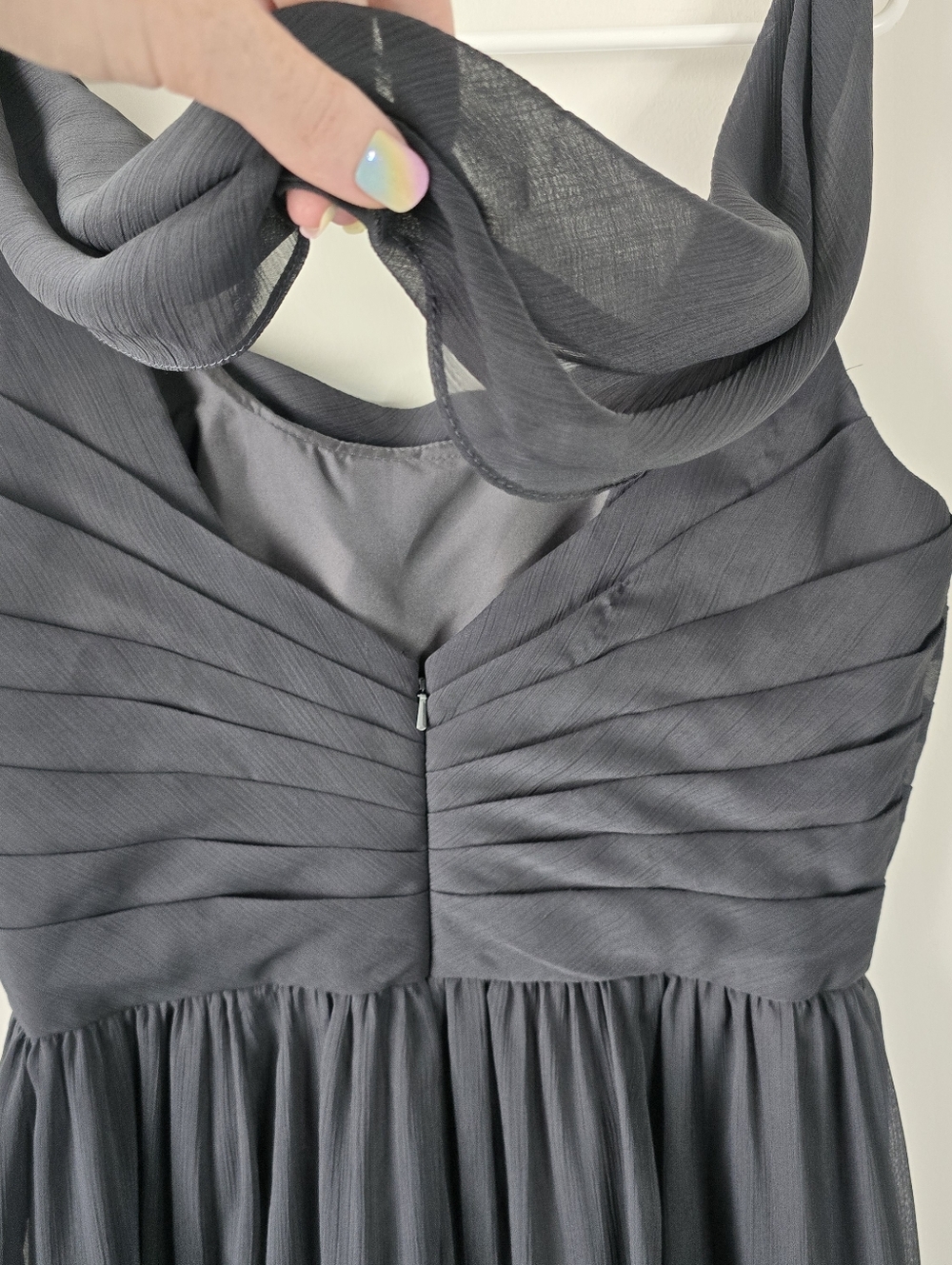 Mori Lee Angelina Faccenda Charcoal Chiffon Squareneck Pleated Draped Dress 16 - Picture 6 of 13